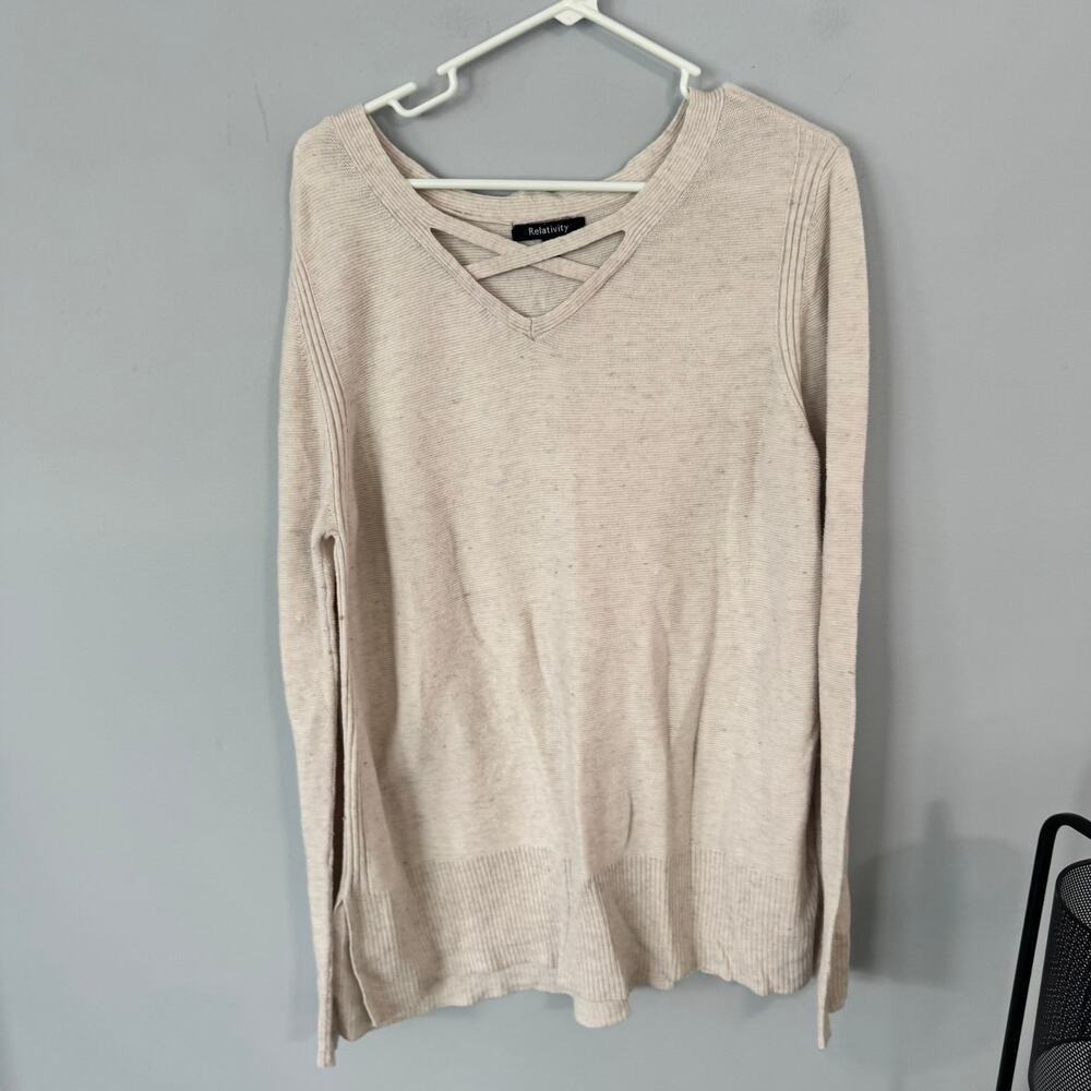 Relativity Cream Off-White Pullover Knit Top Crisscross V-Neck Women's Size XL